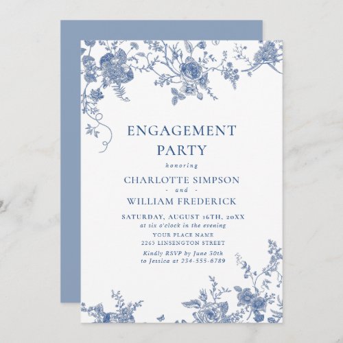 Elegant Blue French Garden Floral ENGAGEMENT PARTY Invitation