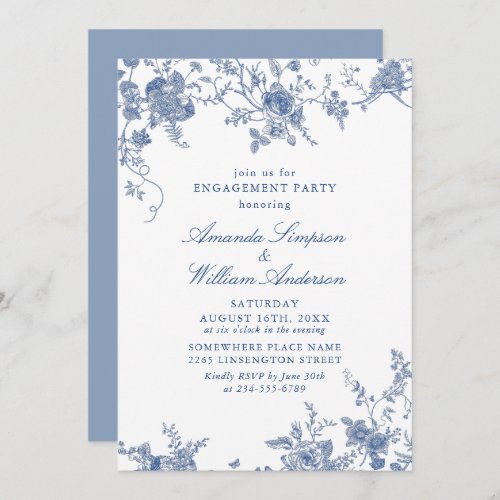 Elegant Blue French Garden Floral ENGAGEMENT PARTY Invitation