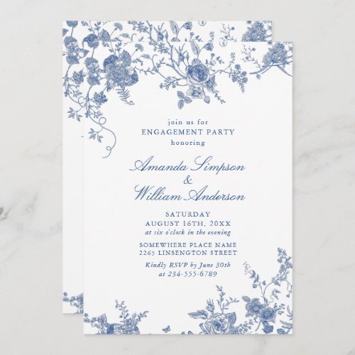 Elegant Blue French Garden Floral ENGAGEMENT PARTY Invitation