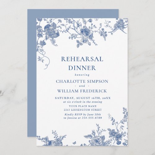 Elegant Blue French Garden Floral Rehearsal Dinner Invitation