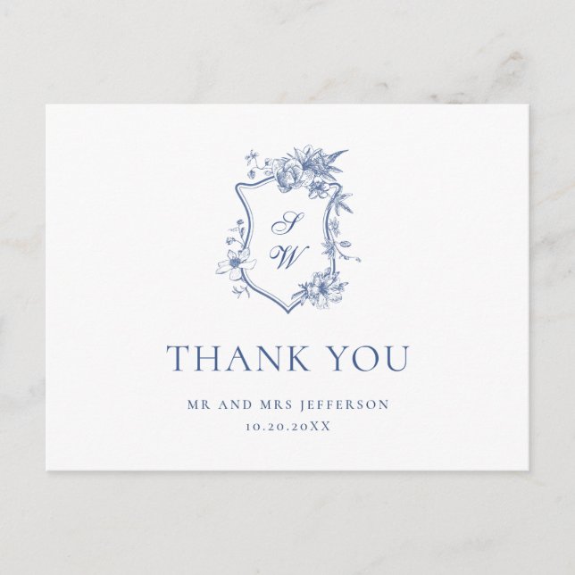 Elegant Blue French Garden Floral Thank You Postcard (Front)