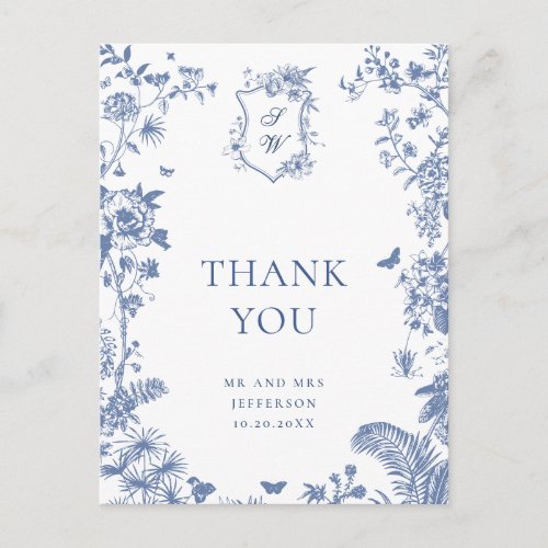 Elegant Blue French Garden Floral Thank You Postcard