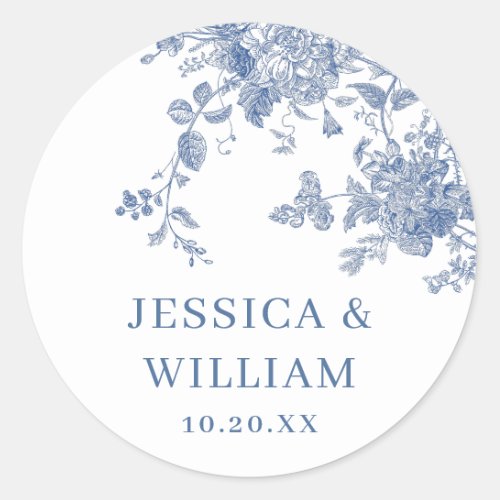 Elegant Blue French Garden Floral Wedding Classic Round Sticker