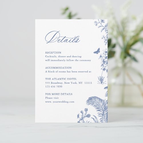 Elegant Blue French Garden Floral Wedding Details Enclosure Card