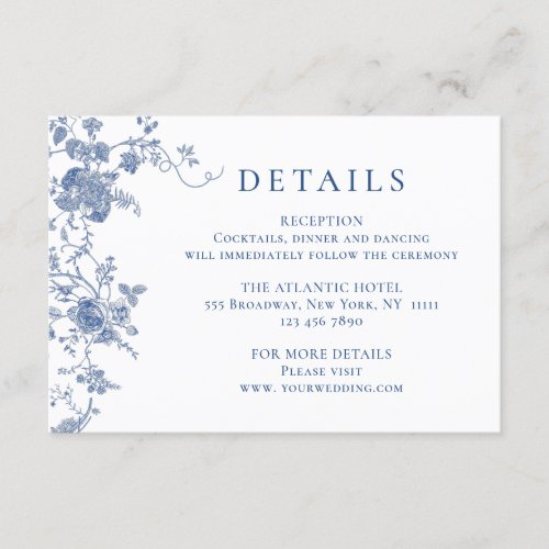 Elegant Blue French Garden Floral Wedding Details Enclosure Card