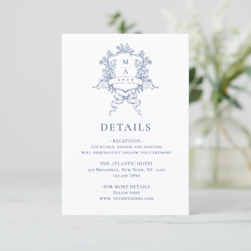 Elegant Blue French Garden Floral Wedding Details Enclosure Card