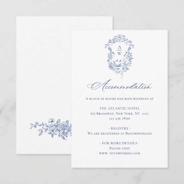 Elegant Blue French Garden Floral Wedding Details Enclosure Card (Front/Back)