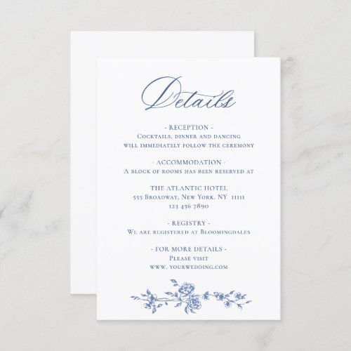 Elegant Blue French Garden Floral Wedding Details Enclosure Card