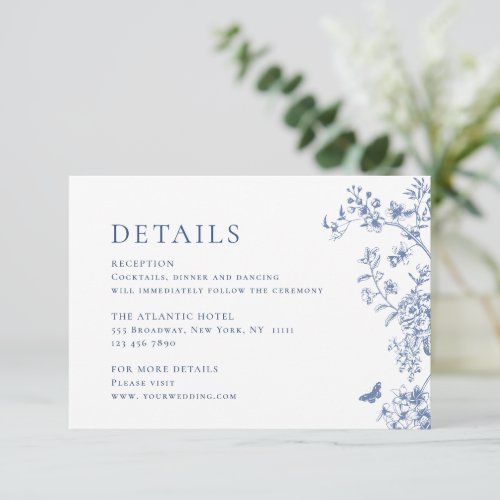 Elegant Blue French Garden Floral Wedding Details Enclosure Card