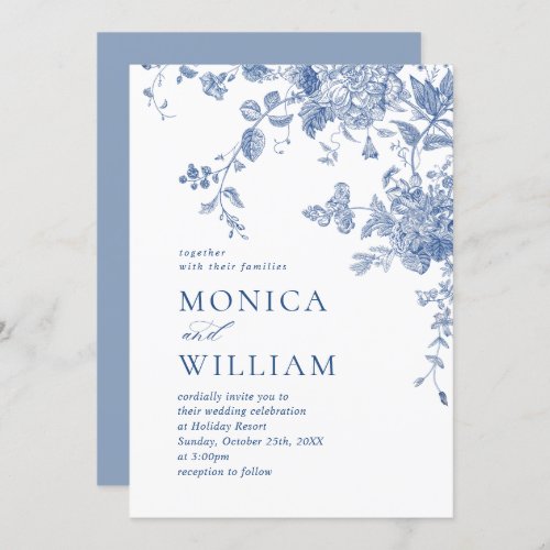 Elegant Blue French Garden Floral Wedding Invitation