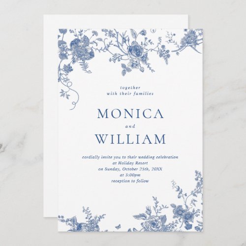Elegant Blue French Garden Floral Wedding Invitation