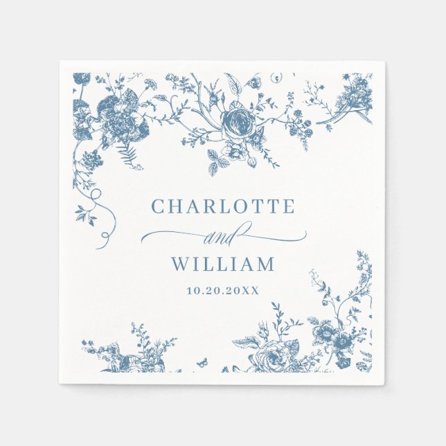 Elegant Blue French Garden Floral Wedding Napkins (Front)