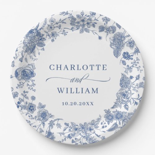 Elegant Blue French Garden Floral Wedding Paper Plates