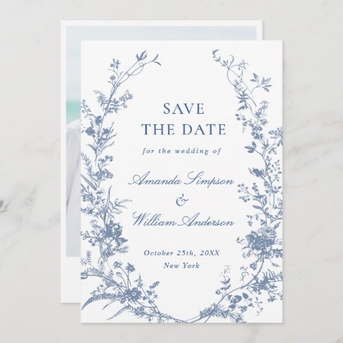 Elegant Blue French Garden Floral Wedding Photo Save The Date