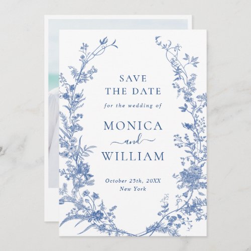 Elegant Blue French Garden Floral Wedding Photo Save The Date