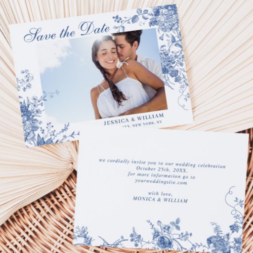Elegant Blue French Garden Floral Wedding Photo Save The Date