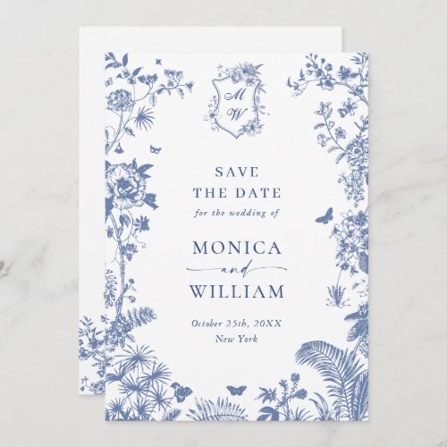 Elegant Blue French Garden Floral Wedding Photo Save The Date