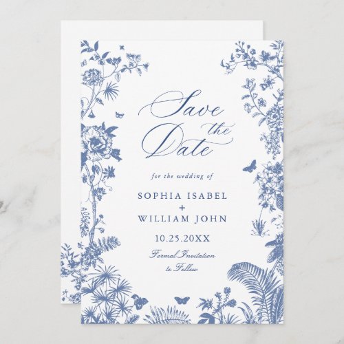 Elegant Blue French Garden Floral Wedding Photo Save The Date