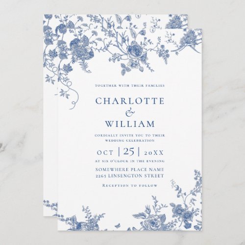 Elegant Blue French Garden Floral Wedding QR code Invitation