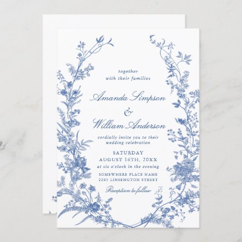 Elegant Blue French Garden Floral Wedding QR code Invitation