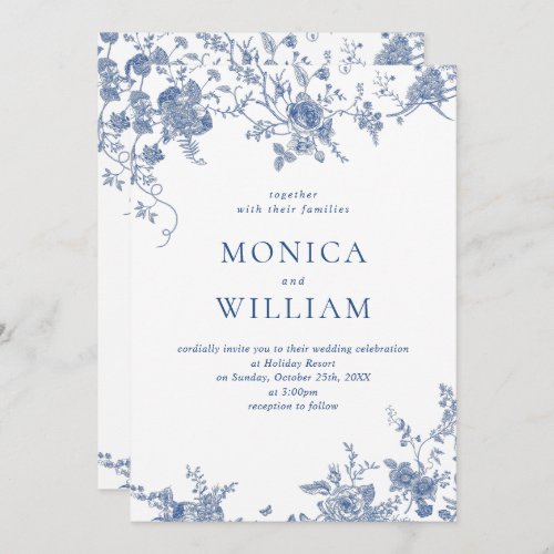 Elegant Blue French Garden Floral Wedding QR code Invitation