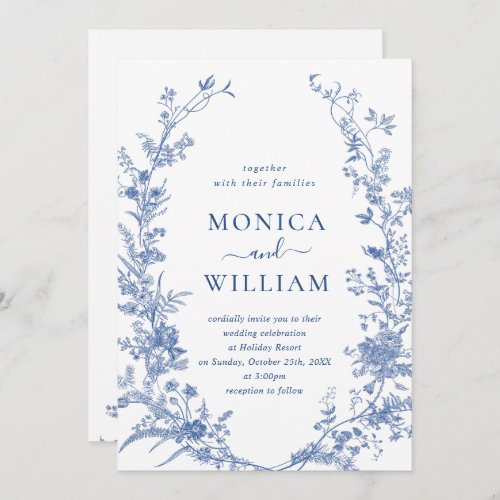 Elegant Blue French Garden Floral Wedding QR code Invitation