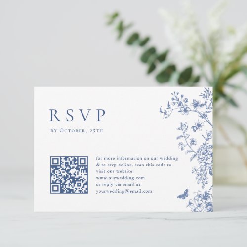 Elegant Blue French Garden Floral Wedding QR code RSVP Card