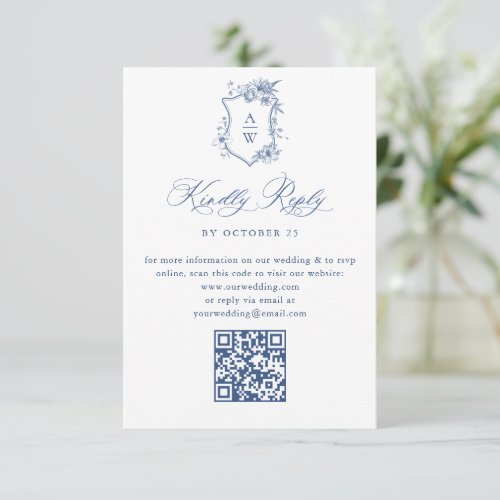 Elegant Blue French Garden Floral Wedding QR code RSVP Card