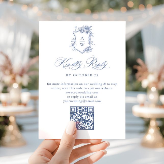 Elegant Blue French Garden Floral Wedding QR code RSVP Card (Creator Uploaded)