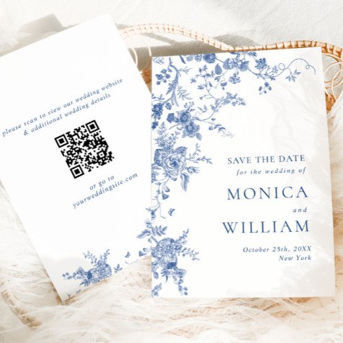 Elegant Blue French Garden Floral Wedding QR code Save The Date