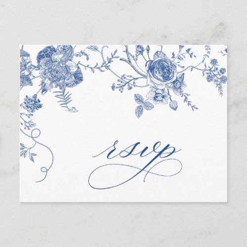 Elegant Blue French Garden Floral Wedding RSVP Postcard
