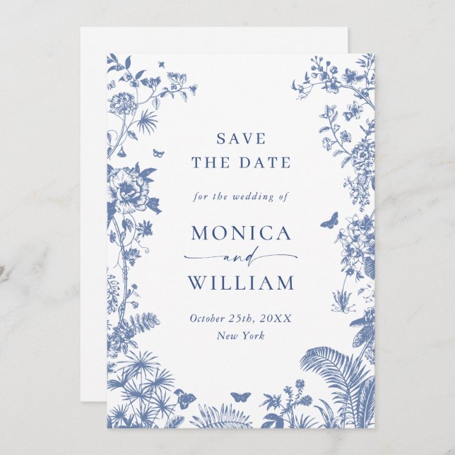 Elegant Blue French Garden Floral Wedding Save The Date (Front/Back)