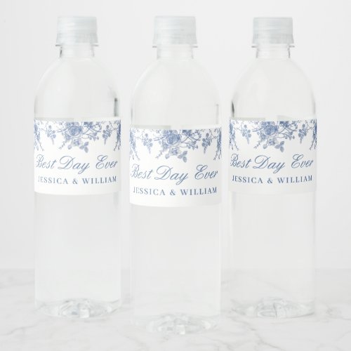 Elegant Blue French Garden Floral Wedding Water Bottle Label