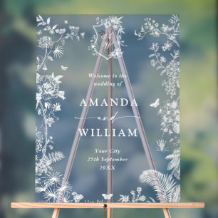 Elegant Blue French Garden Floral Wedding Welcome Acrylic Sign