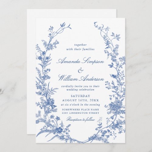 Elegant Blue French Garden Floral Wreath Wedding Invitation