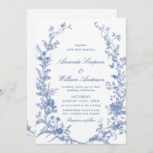 Elegant Blue French Garden Floral Wreath Wedding Invitation