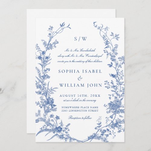 Elegant Blue French Garden Floral Wreath Wedding Invitation
