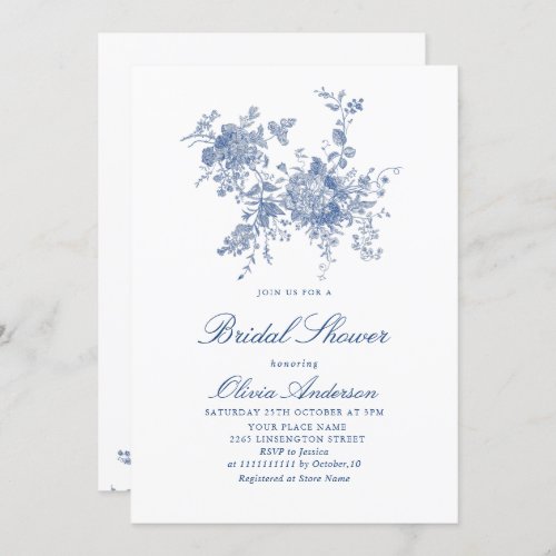 Elegant Blue French Garden Florals BRIDAL SHOWER Invitation