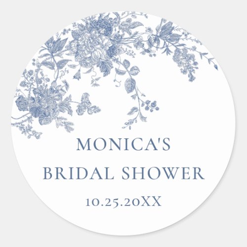 Elegant Blue French Garden Flowers Bridal Shower Classic Round Sticker