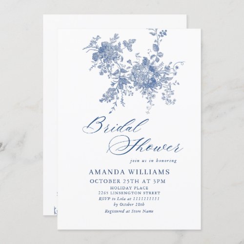 Elegant Blue French Garden Flowers BRIDAL SHOWER Invitation