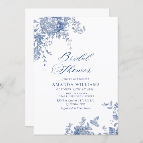 Elegant Blue French Garden Flowers BRIDAL SHOWER Invitation