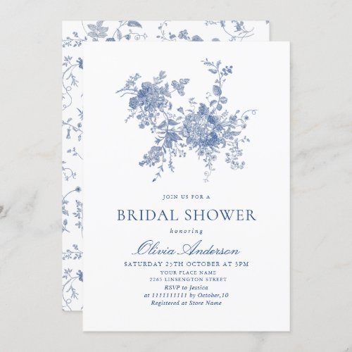 Elegant Blue French Garden Flowers BRIDAL SHOWER Invitation