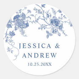 Elegant Blue French Garden Flowers Wedding Classic Round Sticker