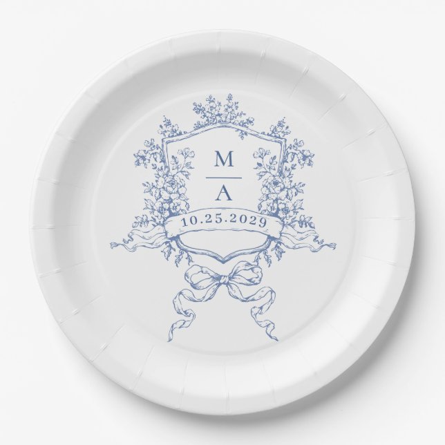Elegant Blue French Garden Flowers Wedding Paper Plates (Front)