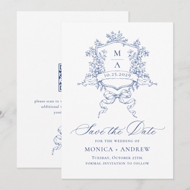 Elegant Blue French Garden Flowers Wedding QR code Save The Date (Front/Back)