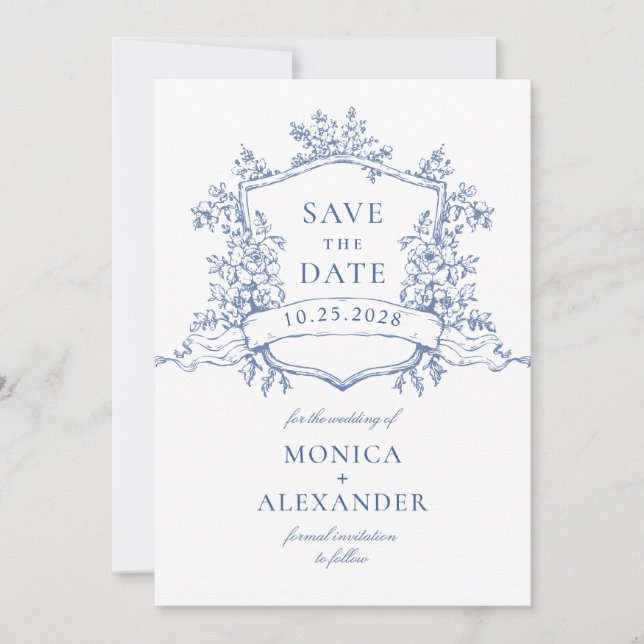 Elegant Blue French Garden Flowers Wedding Save The Date (Front)