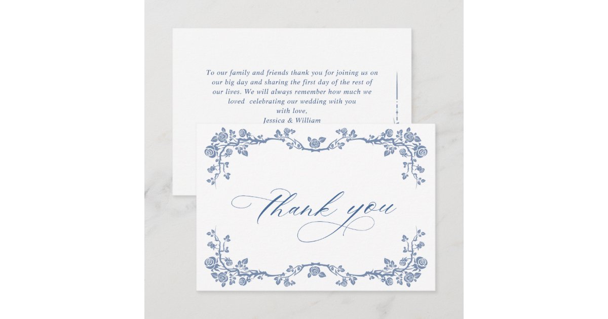 Elegant Blue French Garden Flowers Wedding Thank You Card | Zazzle