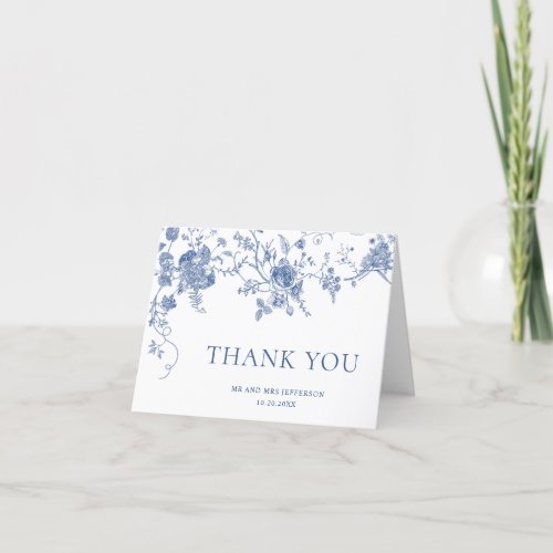 Elegant Blue French Garden Flowers Wedding Thank You Card