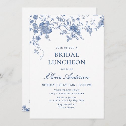 Elegant Blue French Garden QR code BRIDAL LUNCHEON Invitation