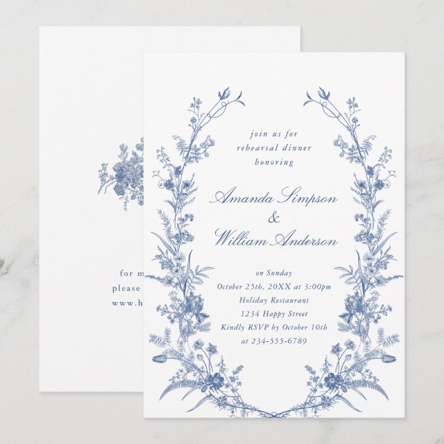 Elegant Blue French Garden Rehearsal Dinner Invitation (Front/Back)